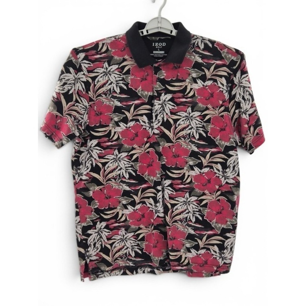 IZOD Golf Men's Black Red Polo Shirt L Tropical Floral Cotton Vacation Resort